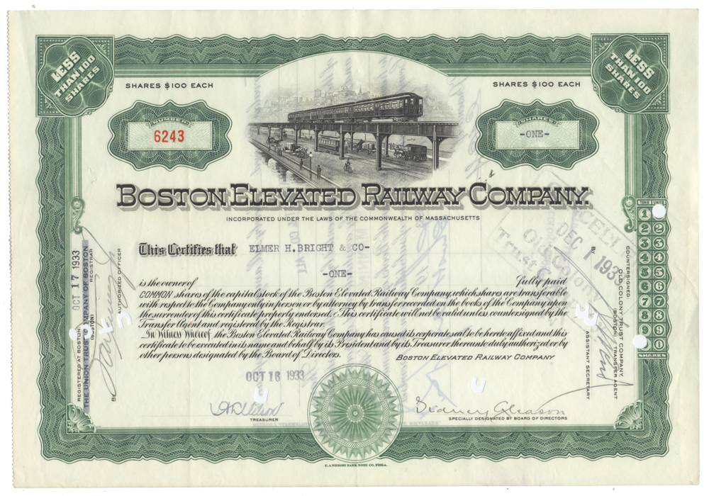 Boston Elevated Railway Company Stock Certificate