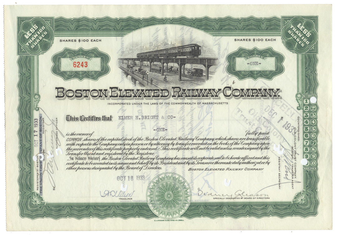 Boston Elevated Railway Company Stock Certificate