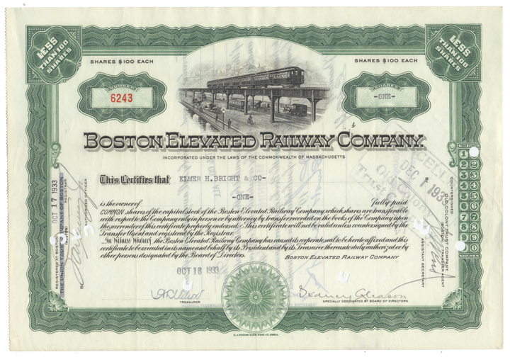 Boston Elevated Railway Company Stock Certificate