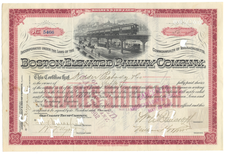 Boston Elevated Railway Company Stock Certificate