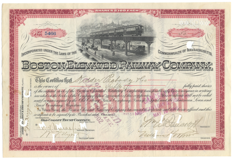 Boston Elevated Railway Company Stock Certificate