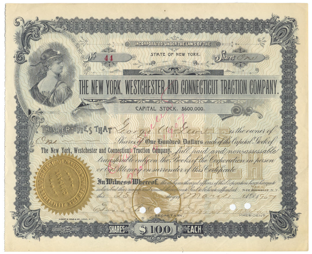 New York, Westchester and Connecticut Traction Company Stock Certificate