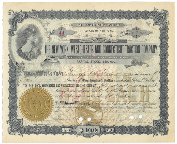 New York, Westchester and Connecticut Traction Company Stock Certificate