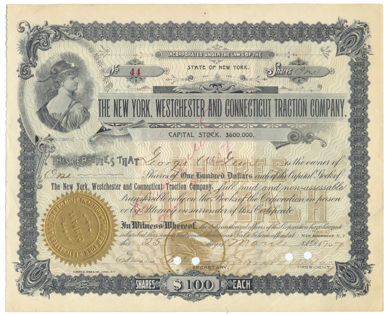 New York, Westchester and Connecticut Traction Company Stock Certificate