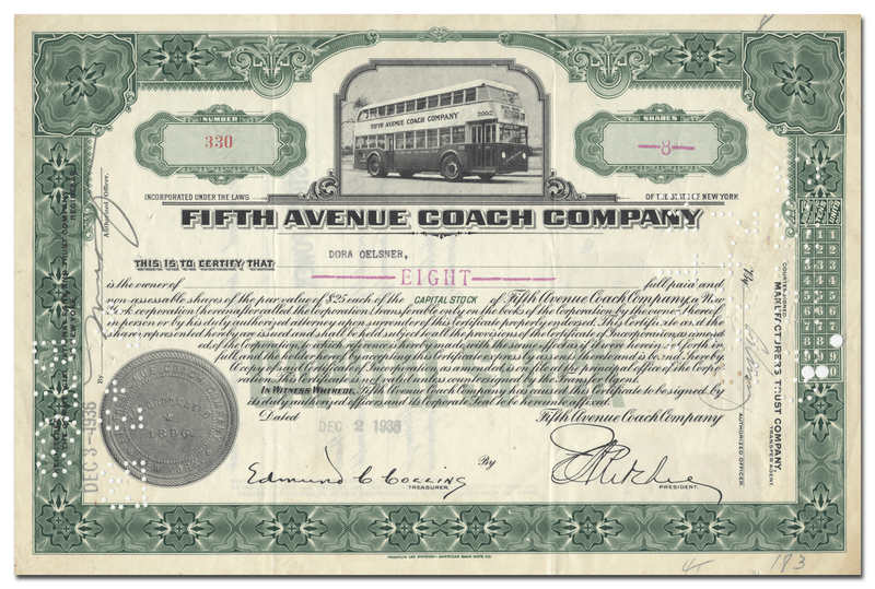 Fifth Avenue Coach Company Stock Certificate