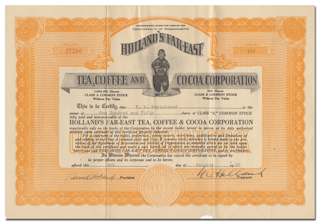 Holland's Far-East Tea, Coffee and Cocoa Corporation Stock Certificate