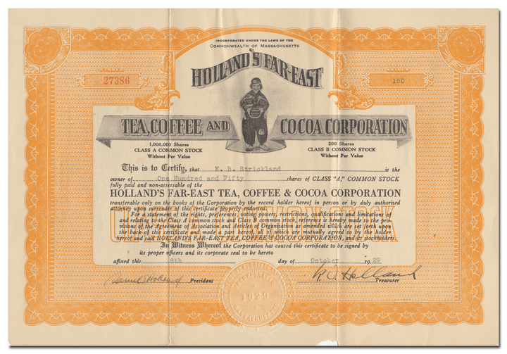 Holland's Far-East Tea, Coffee and Cocoa Corporation Stock Certificate