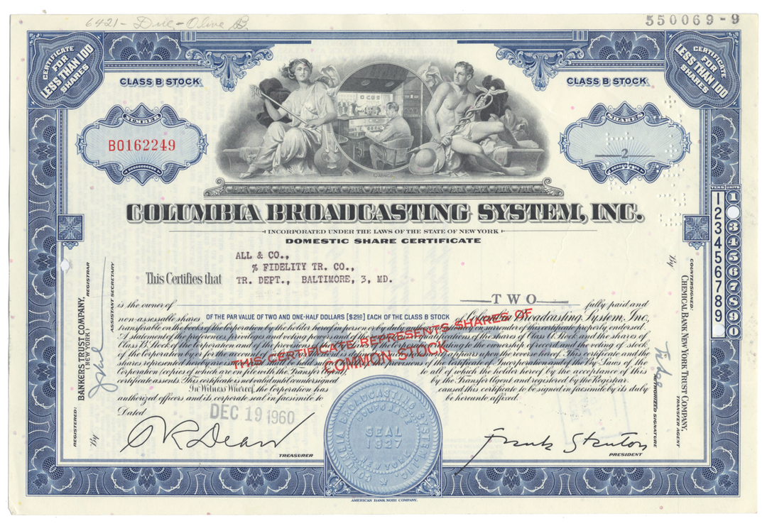 Columbia Broadcasting System, Inc. Stock Certificate