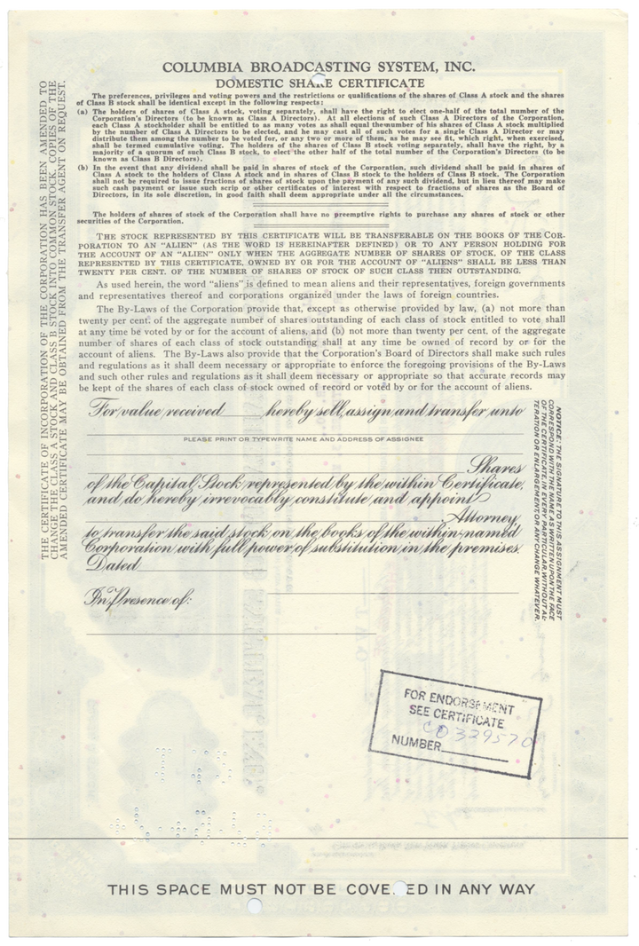 Columbia Broadcasting System, Inc. Stock Certificate