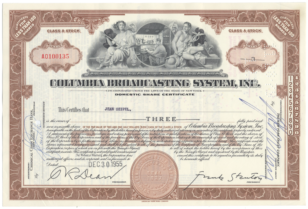 Columbia Broadcasting System, Inc. Stock Certificate