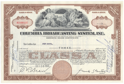 Columbia Broadcasting System, Inc. Stock Certificate