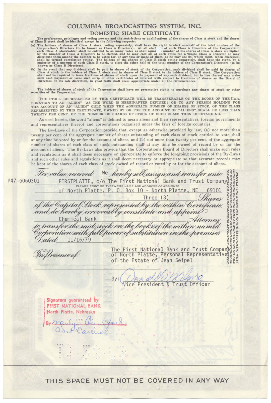 Columbia Broadcasting System, Inc. Stock Certificate