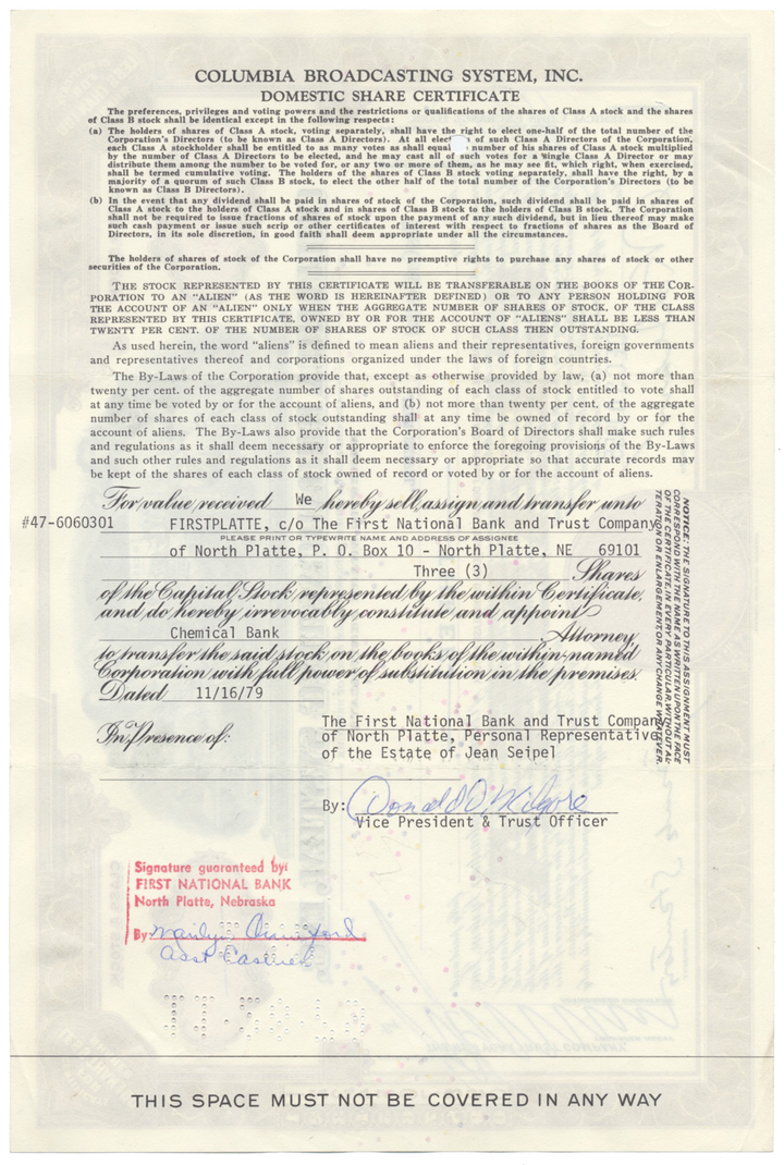 Columbia Broadcasting System, Inc. Stock Certificate