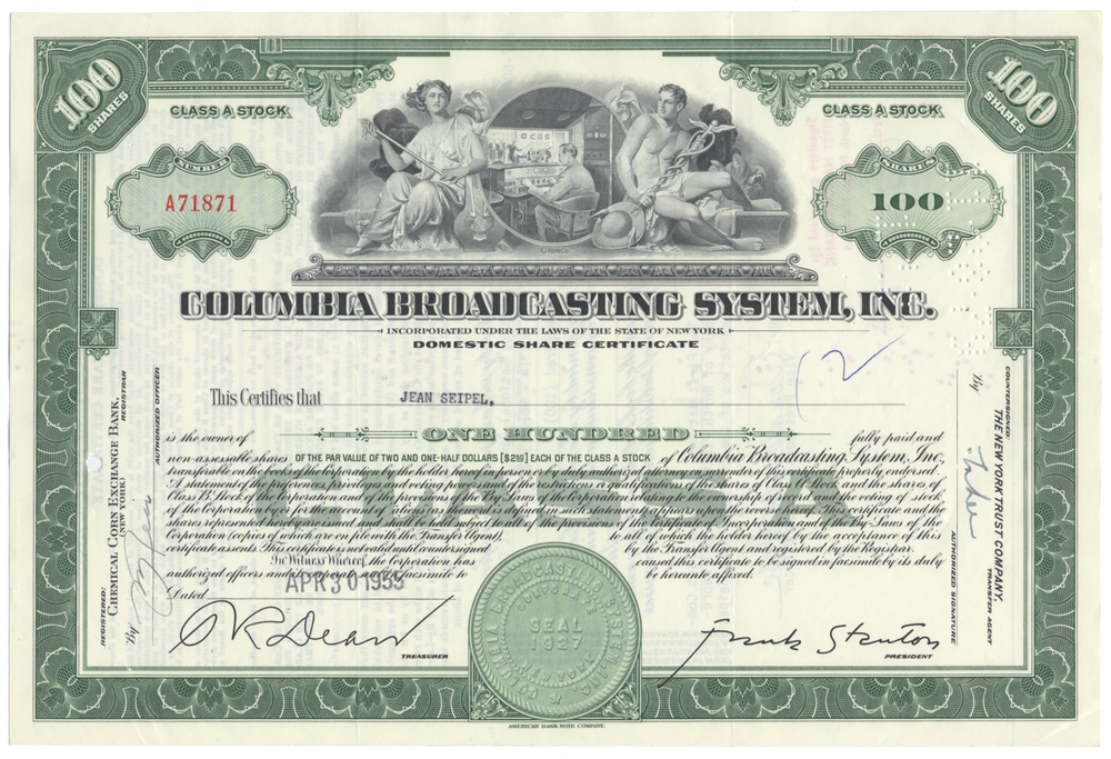 Columbia Broadcasting System, Inc. Stock Certificate