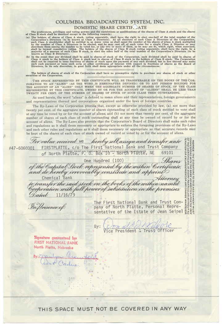 Columbia Broadcasting System, Inc. Stock Certificate