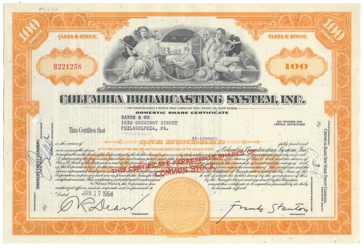 Columbia Broadcasting System, Inc. Stock Certificate