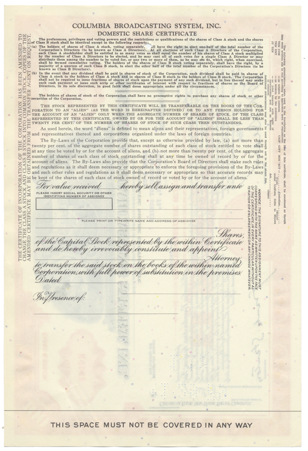 Columbia Broadcasting System, Inc. Stock Certificate