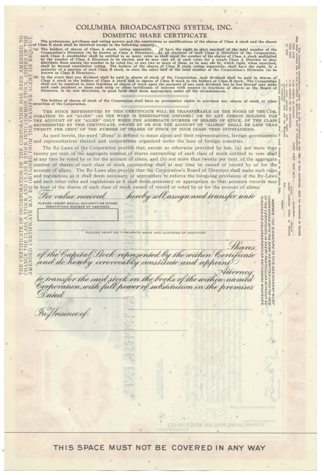 Columbia Broadcasting System, Inc. Stock Certificate