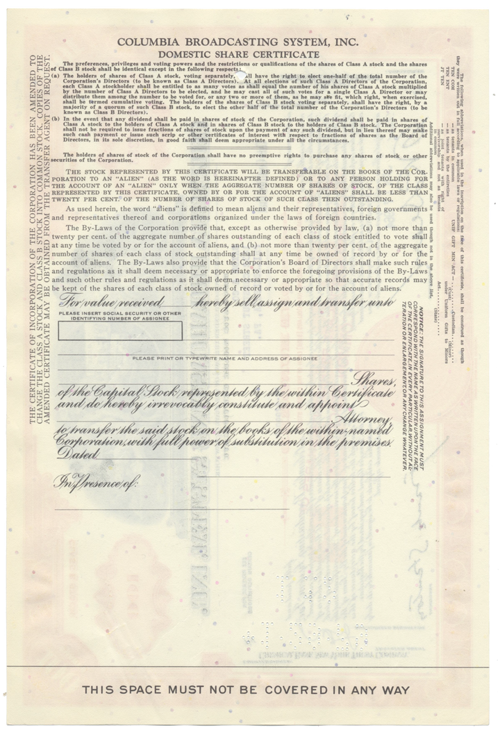 Columbia Broadcasting System, Inc. Stock Certificate