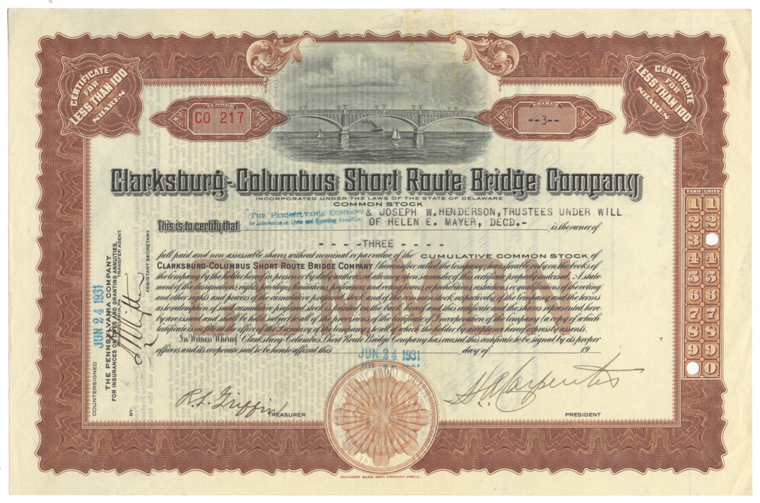 Clarksburg-Columbus Short Route Bridge Company Stock Certificate