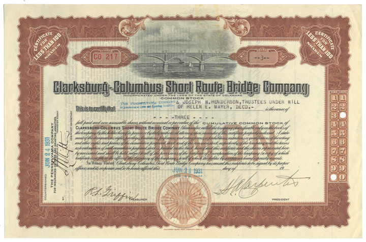 Clarksburg-Columbus Short Route Bridge Company Stock Certificate