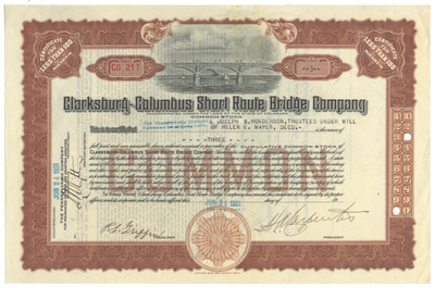 Clarksburg-Columbus Short Route Bridge Company Stock Certificate