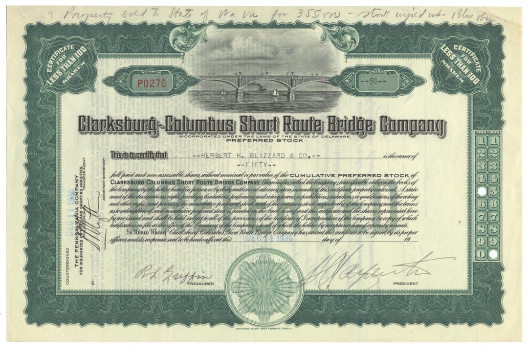 Clarksburg-Columbus Short Route Bridge Company Stock Certificate