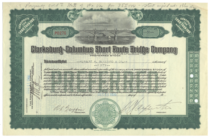 Clarksburg-Columbus Short Route Bridge Company Stock Certificate