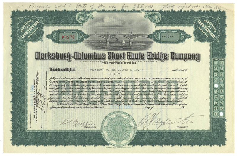 Clarksburg-Columbus Short Route Bridge Company Stock Certificate