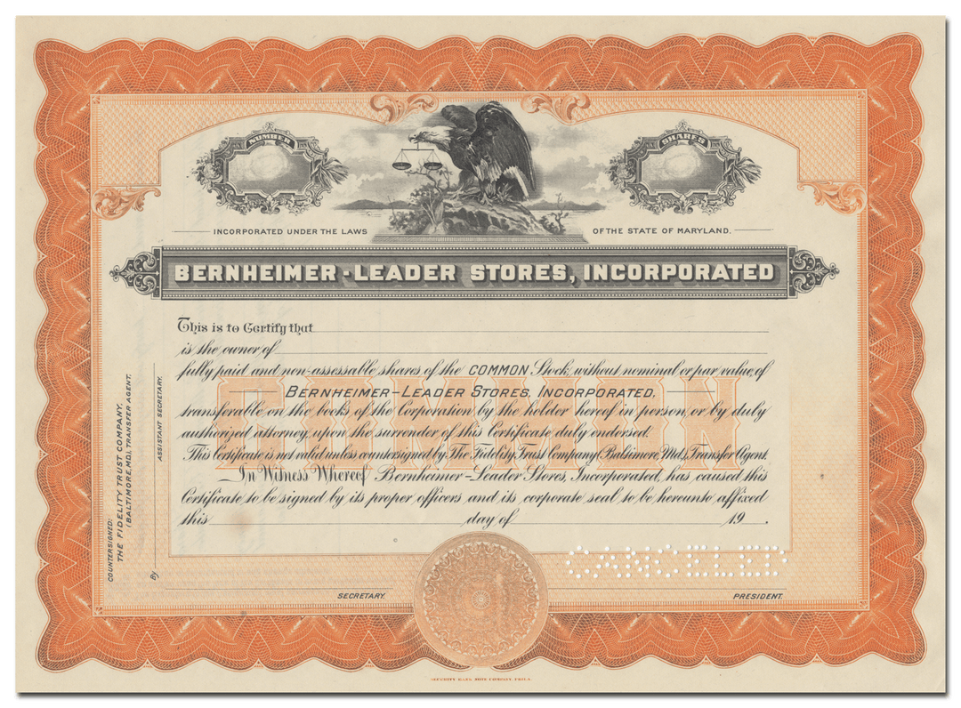 Bernheimer-Leader Stores, Incorporated Specimen Stock Certificate