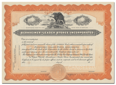 Bernheimer-Leader Stores, Incorporated Specimen Stock Certificate