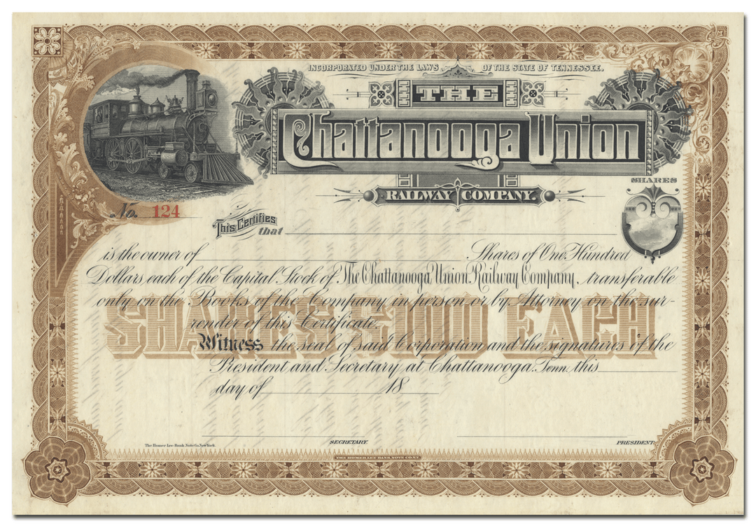 Chattanooga Union Railway Company Stock Certificate