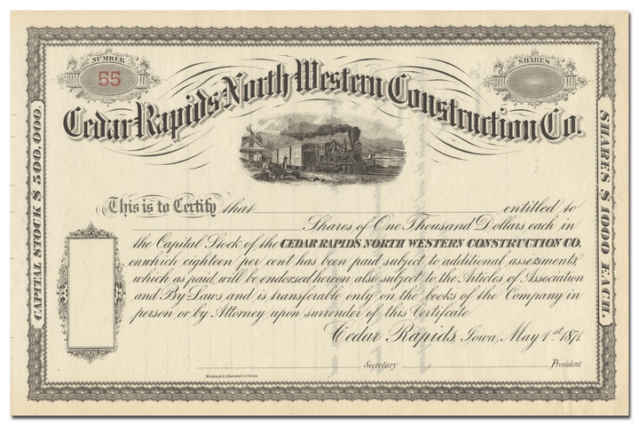 Cedar Rapids Northwestern Construction Co. Stock Certificate