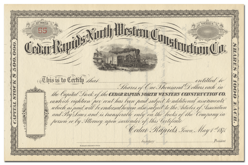 Cedar Rapids Northwestern Construction Co. Stock Certificate