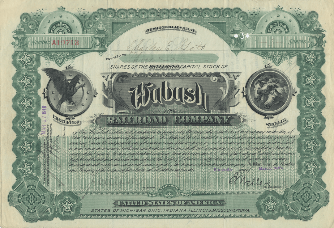 Wabash Railroad Company Stock Certificate