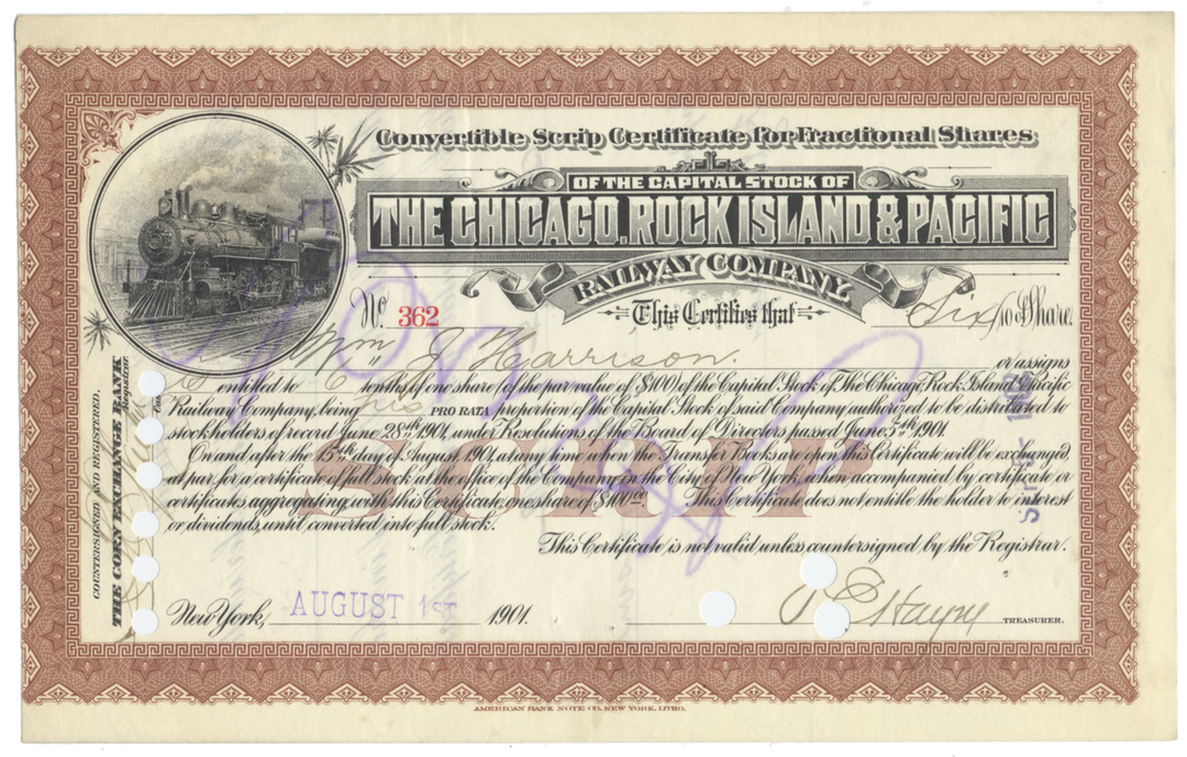 Chicago, Rock Island and Pacific Railway Company Stock Certificate