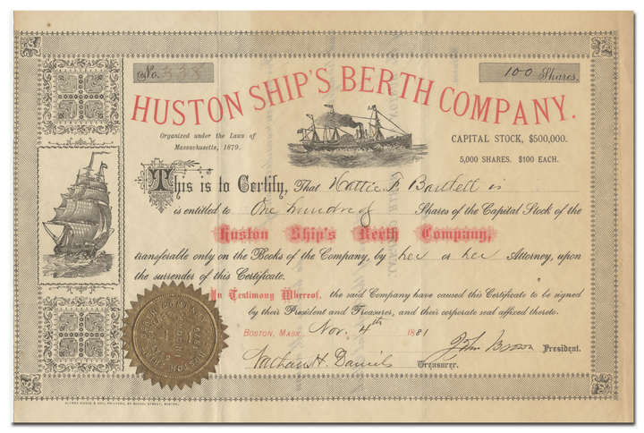 Huston Ship's Berth Company Stock Certificate