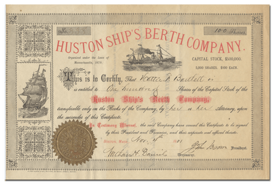 Huston Ship's Berth Company Stock Certificate