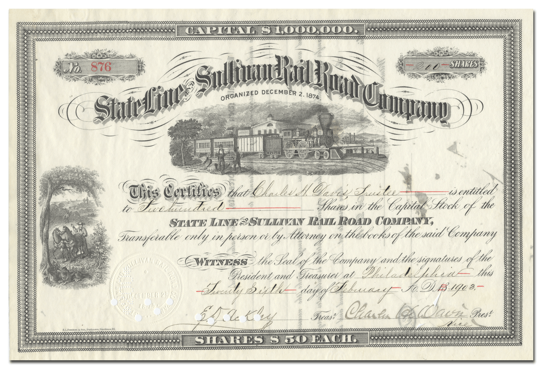 State Line and Sullivan Rail Road Company Stock Certificate