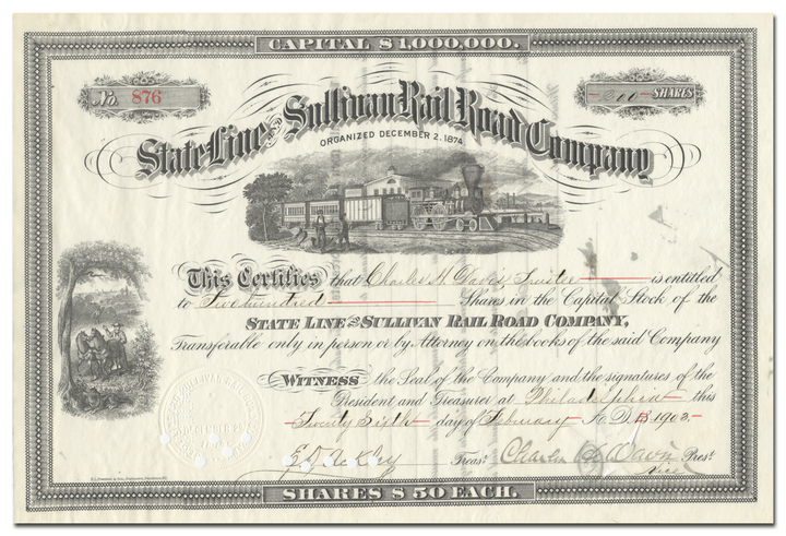 State Line and Sullivan Rail Road Company Stock Certificate