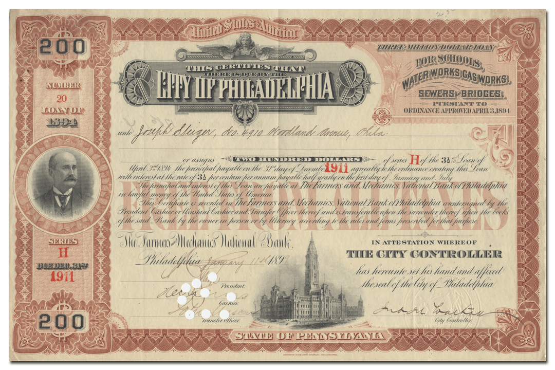 City of Philadelphia Bond Certificate