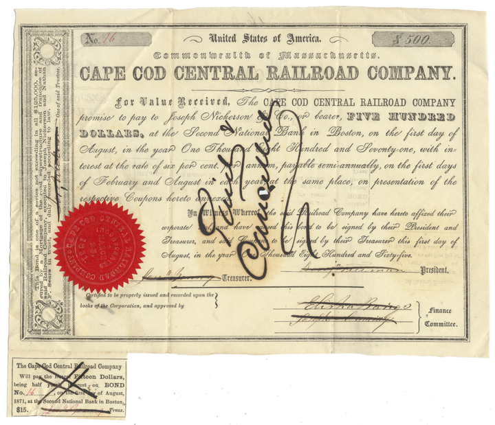 Cape Cod Central Railroad Company Bond Certificate