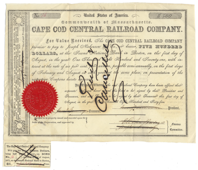 Cape Cod Central Railroad Company Bond Certificate