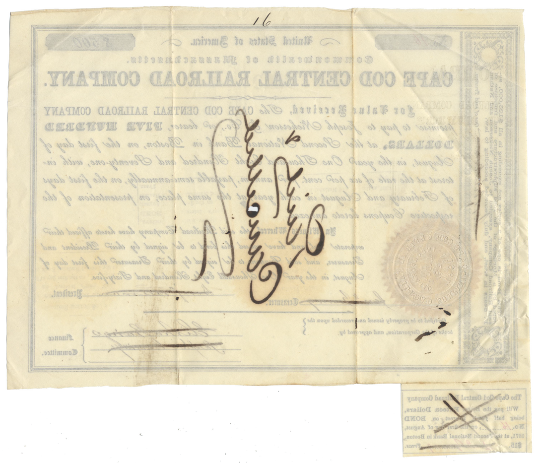 Cape Cod Central Railroad Company Bond Certificate