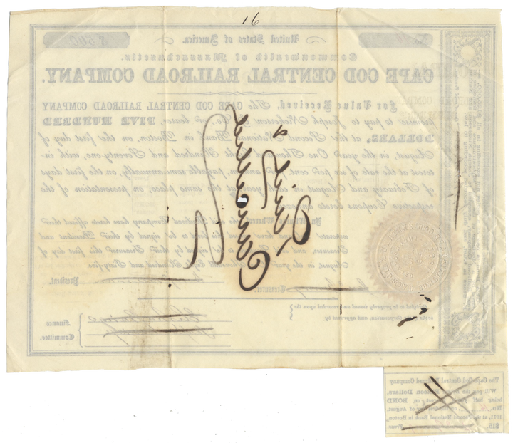 Cape Cod Central Railroad Company Bond Certificate