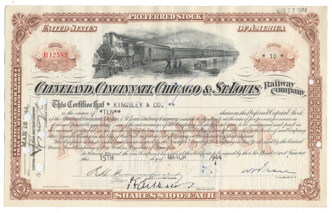 Cleveland, Cincinnati, Chicago & St. Louis Railway Company Stock Certificate