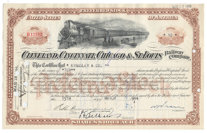 Cleveland, Cincinnati, Chicago & St. Louis Railway Company Stock Certificate