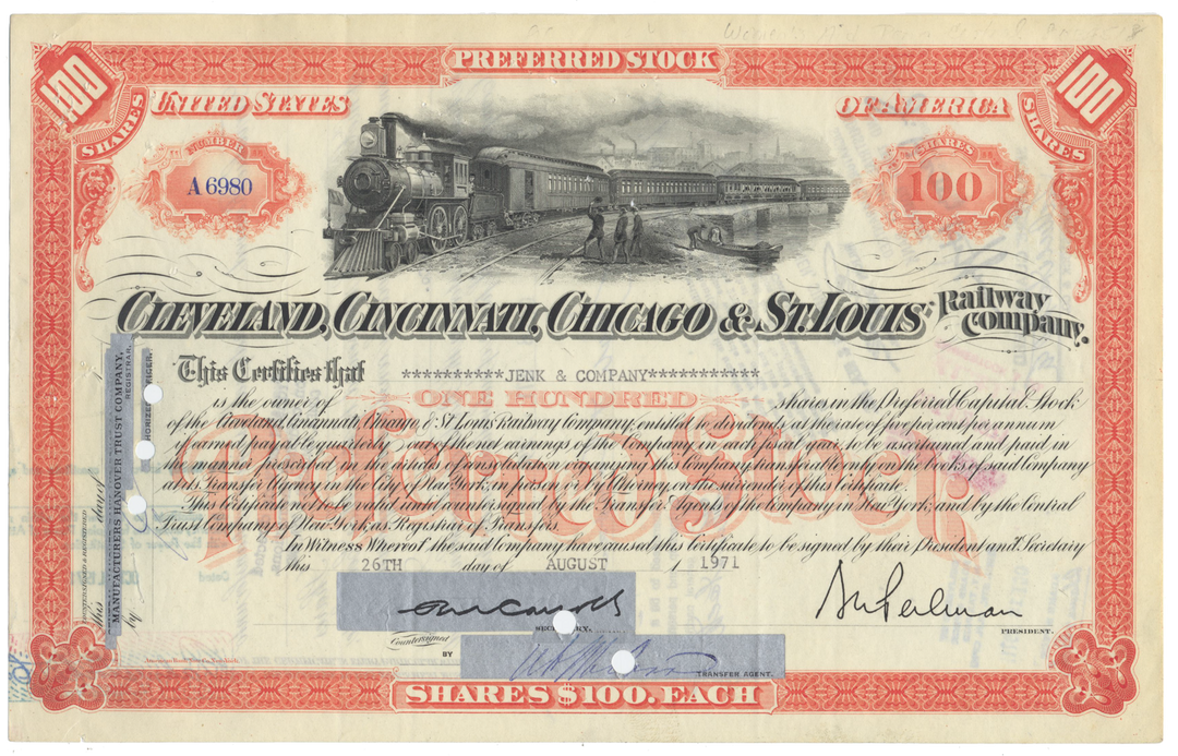 Cleveland, Cincinnati, Chicago & St. Louis Railway Company Stock Certificate