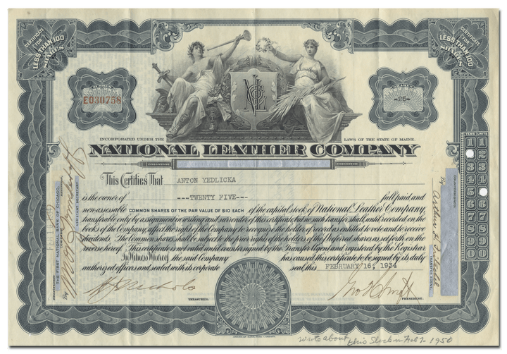 National Leather Company Stock Certificate