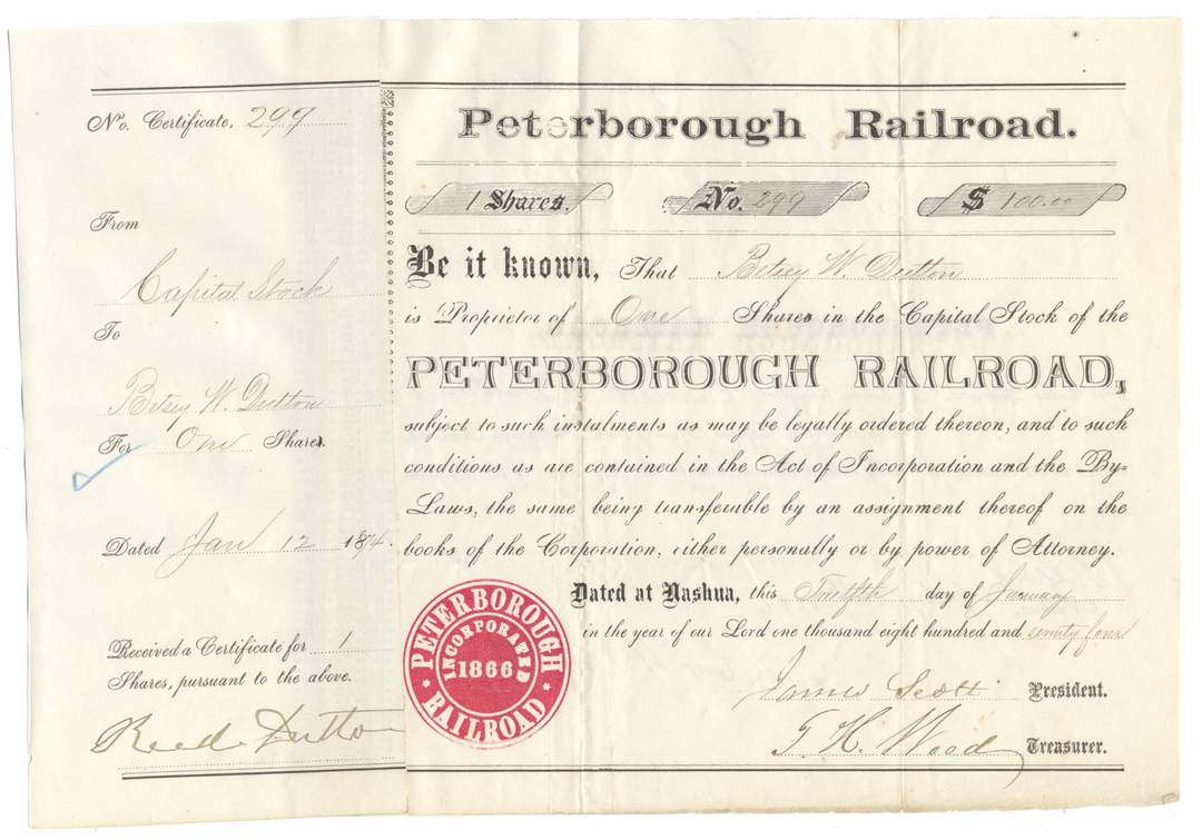 Peterborough Railroad Stock Certificate